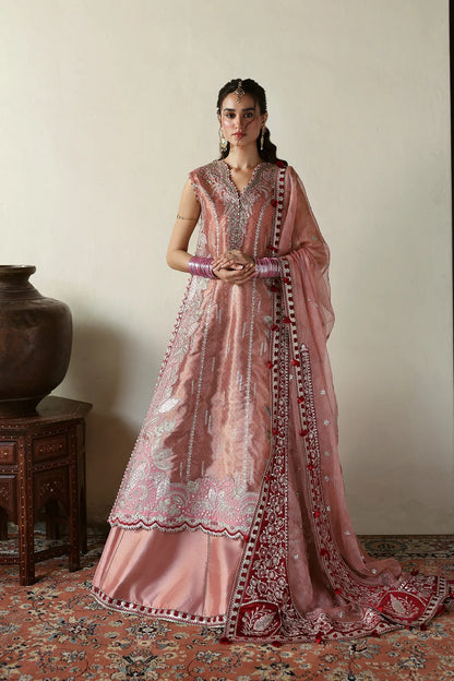 Luxurious pink tissue zari and raw silk embroidered panels, sleeves, borders, and dupatta with maroon accents, perfect for elegant custom dressmaking.